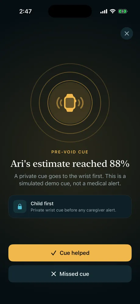 DryNight app showing a private pre-void cue