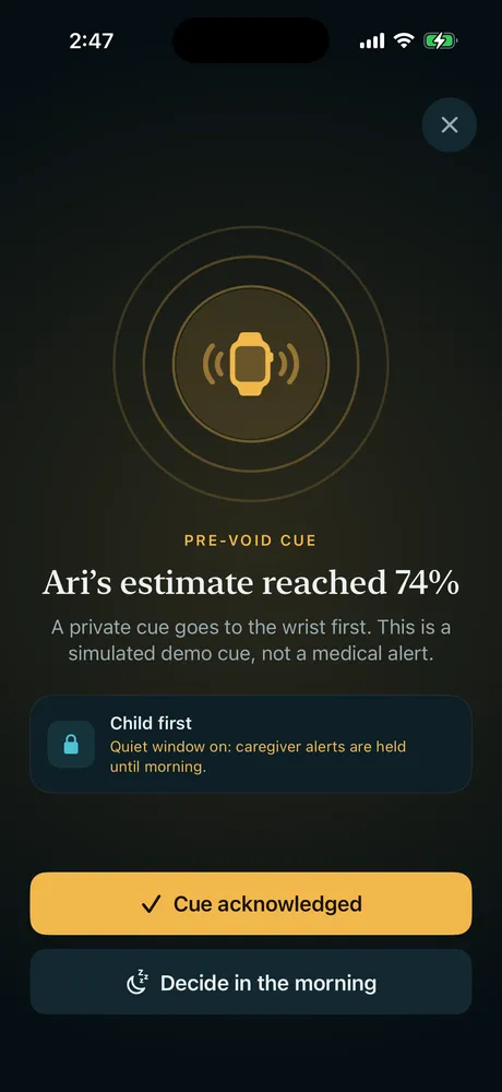 DryNight app showing a private pre-void cue