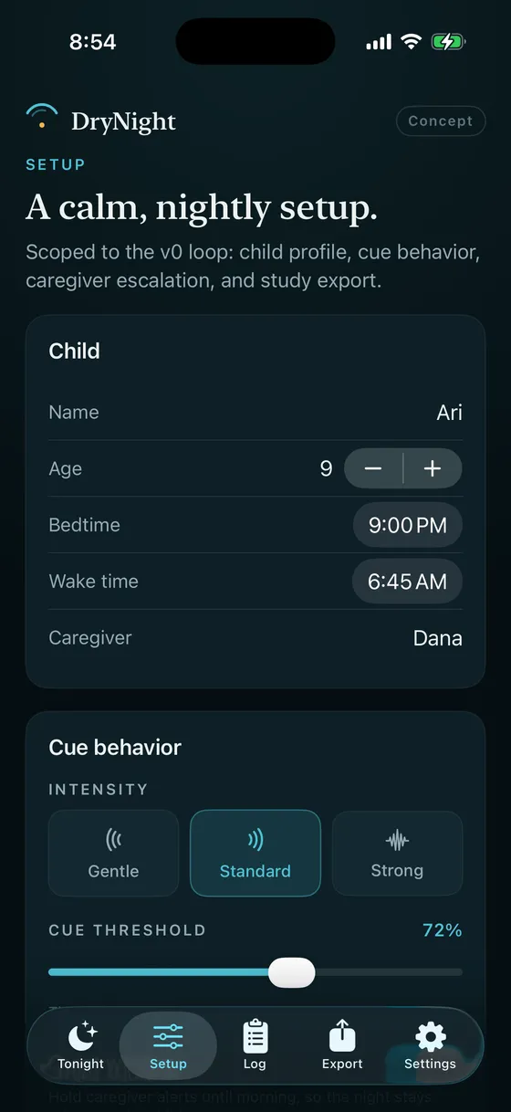 DryNight app: Set the plan