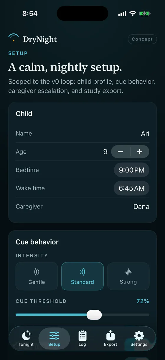 DryNight app: Set the plan