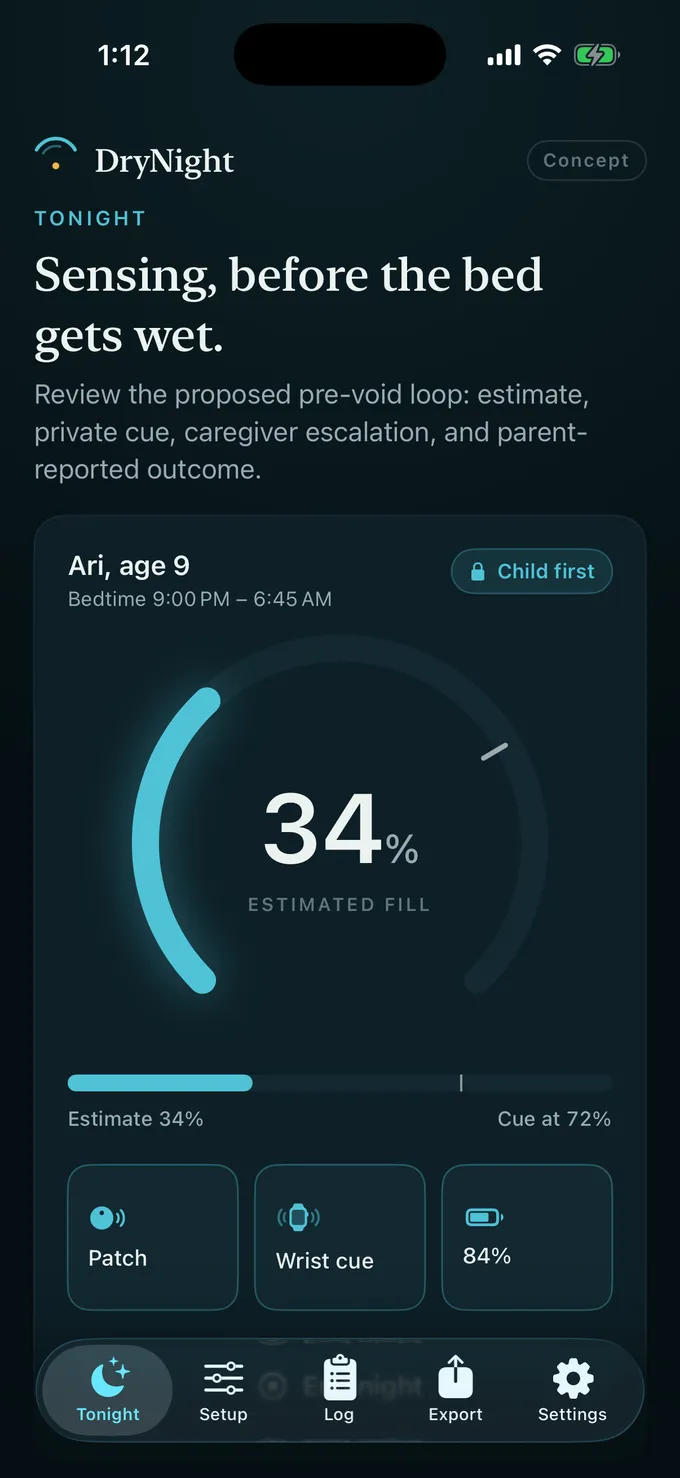 DryNight app estimating bladder filling on a sensing arc
